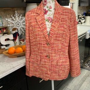 Coldwater Creek Boucle Blazer Jacket Size 14 Orange Red Career Office Lined